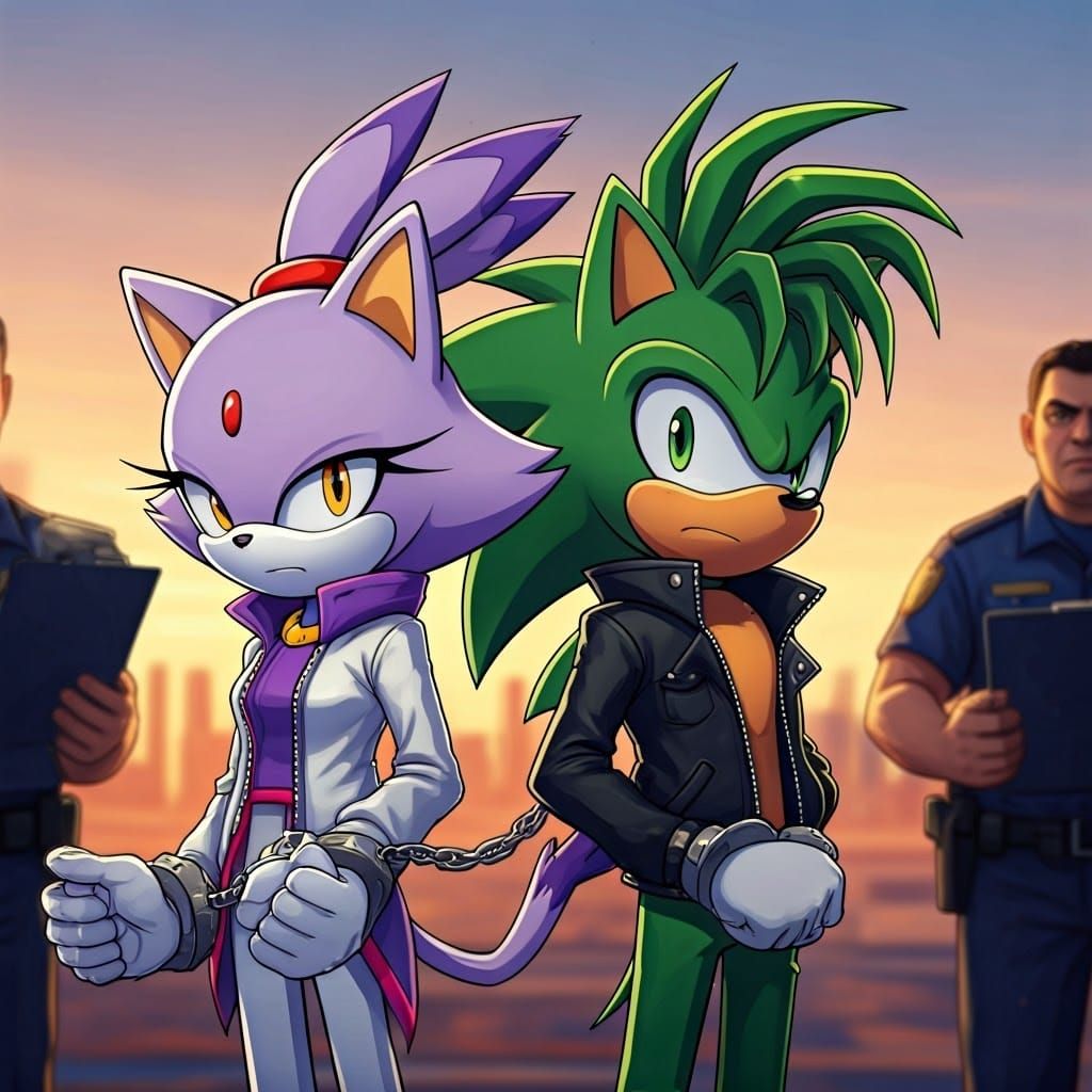 Futuristic Feline and Hedgehog Duo in Handcuffs