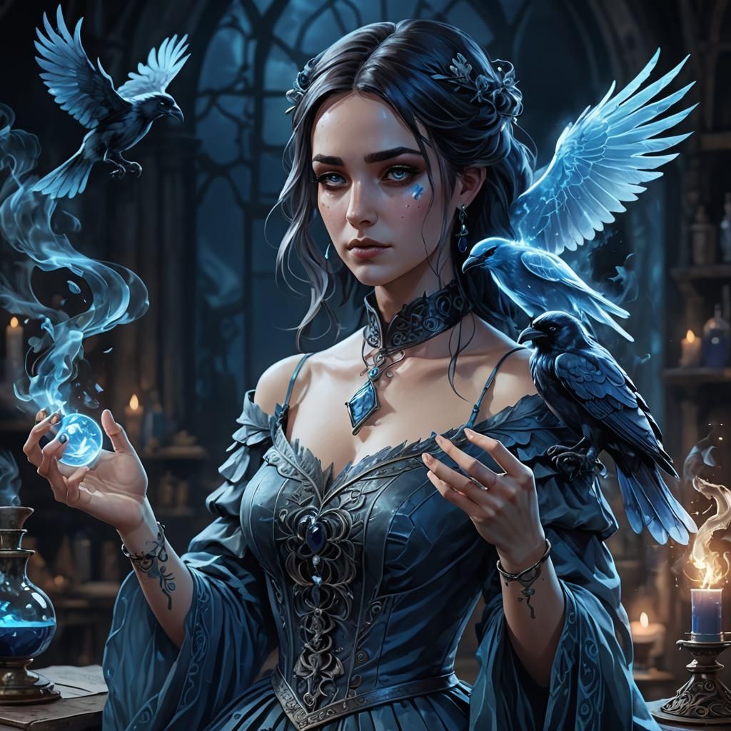 Magical Alchemist Girl with Ghostly Raven: Anime Art