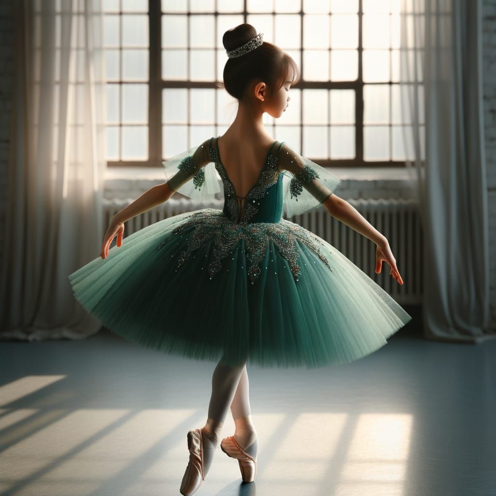 Young Ballerina in Emerald Tutu Poses in Soft Studio Light
