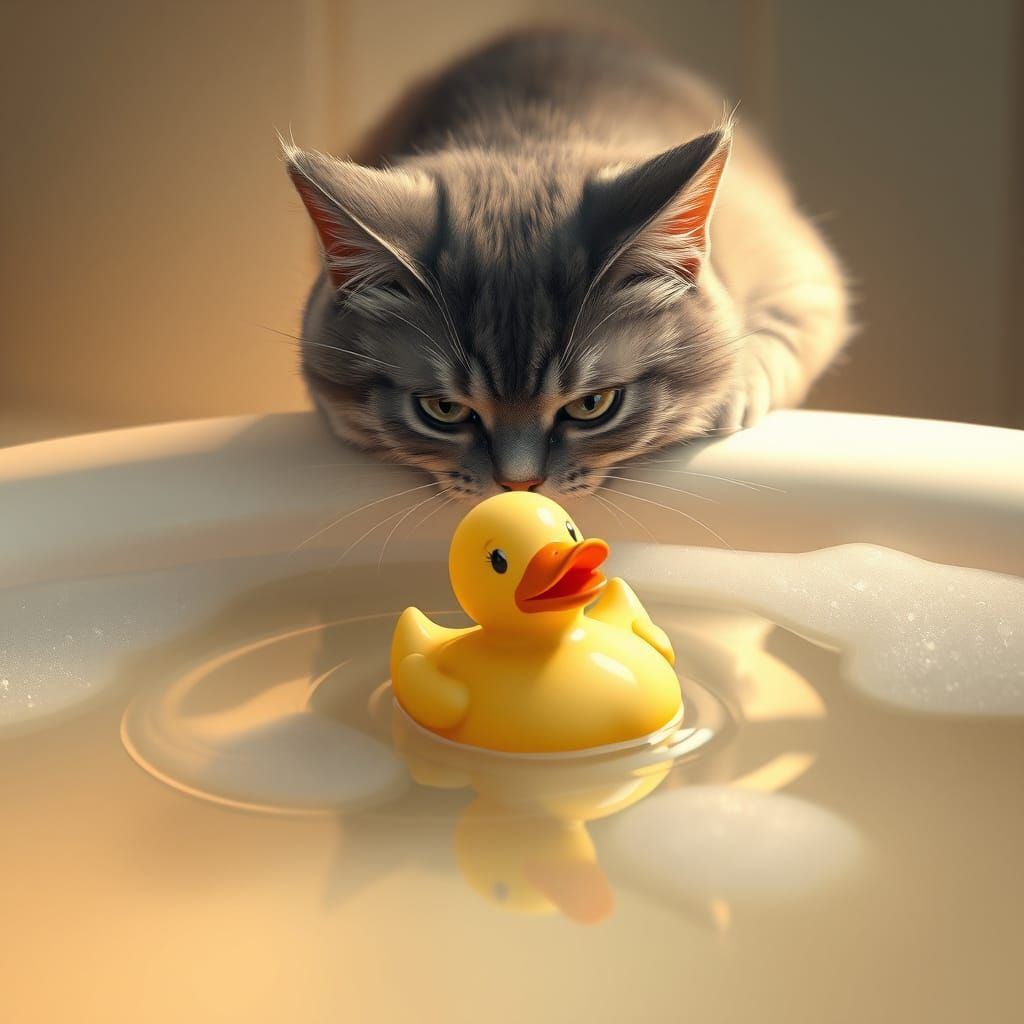 Surreal Scene of Rubber Duck and Cat in Bath Tub