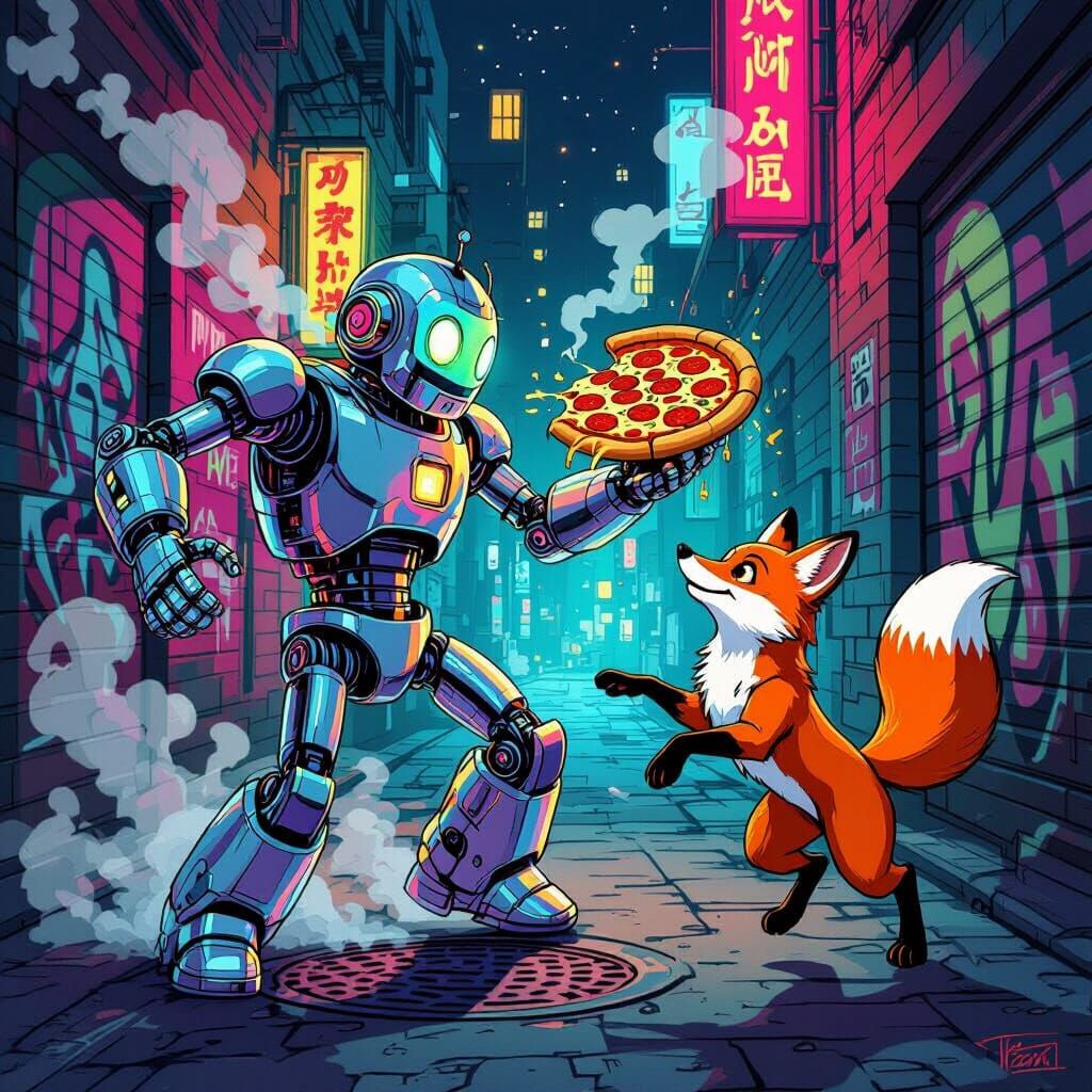 Retro Robot Hurls Pizza at Fox in Neon Alleyway