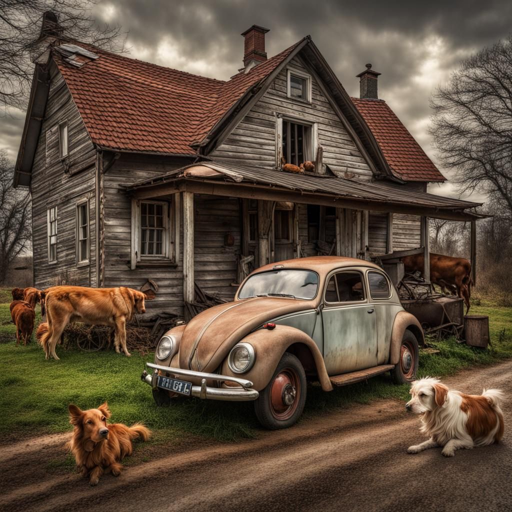 Rustic Farmhouse Scene with Animals and Vintage Car
