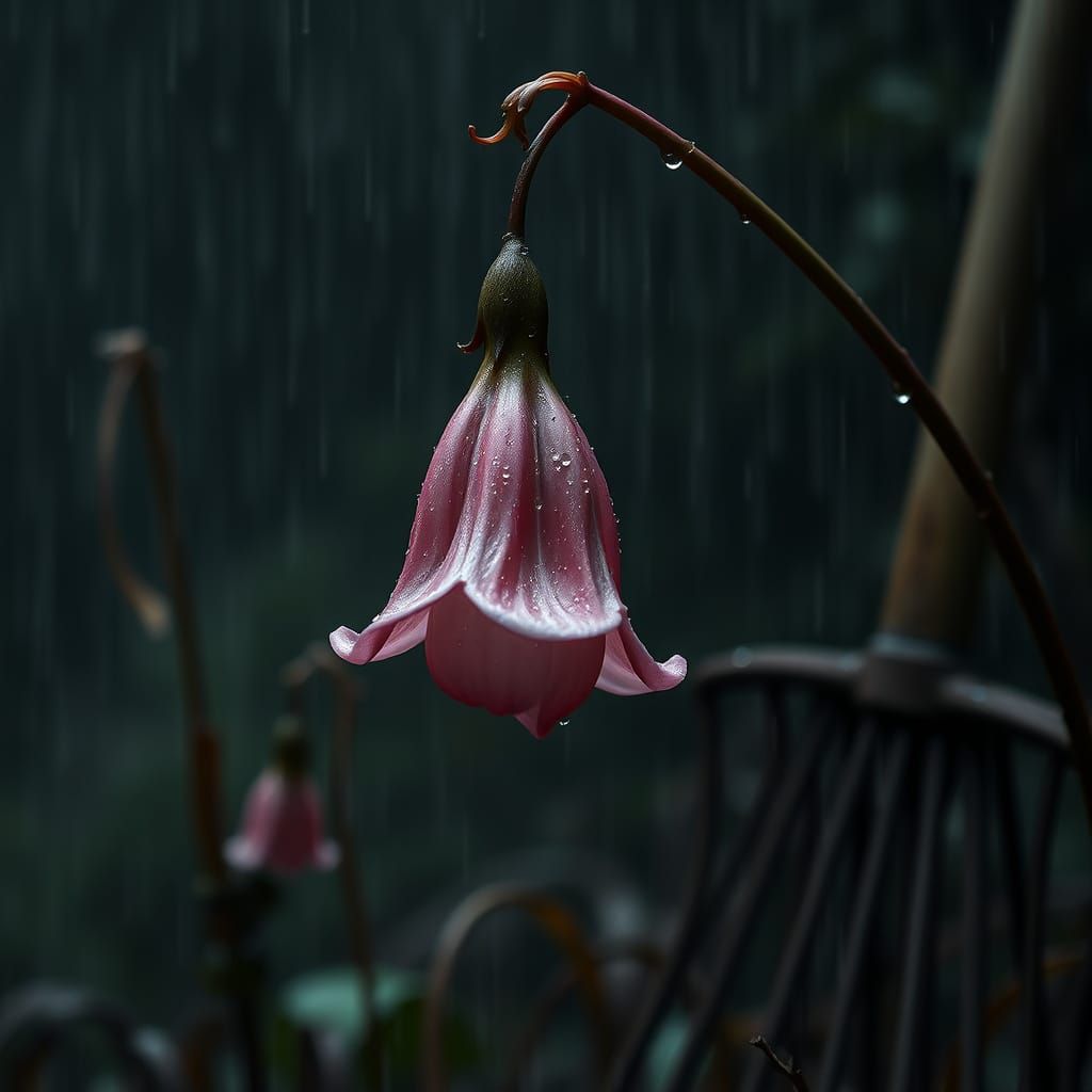 Ethereal Bell Flower in Rainy Forest, Dreamlike Art