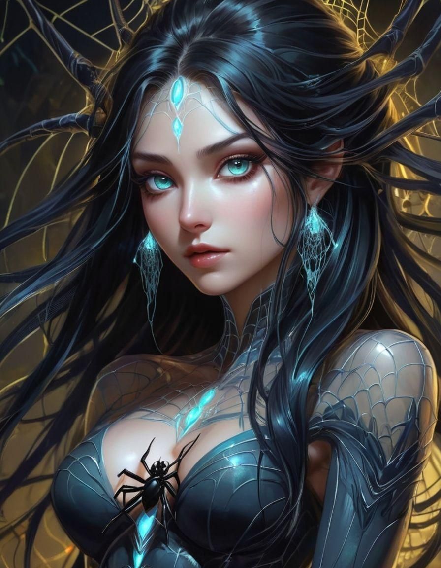Anime Spider Queen with Bioluminescent Webs