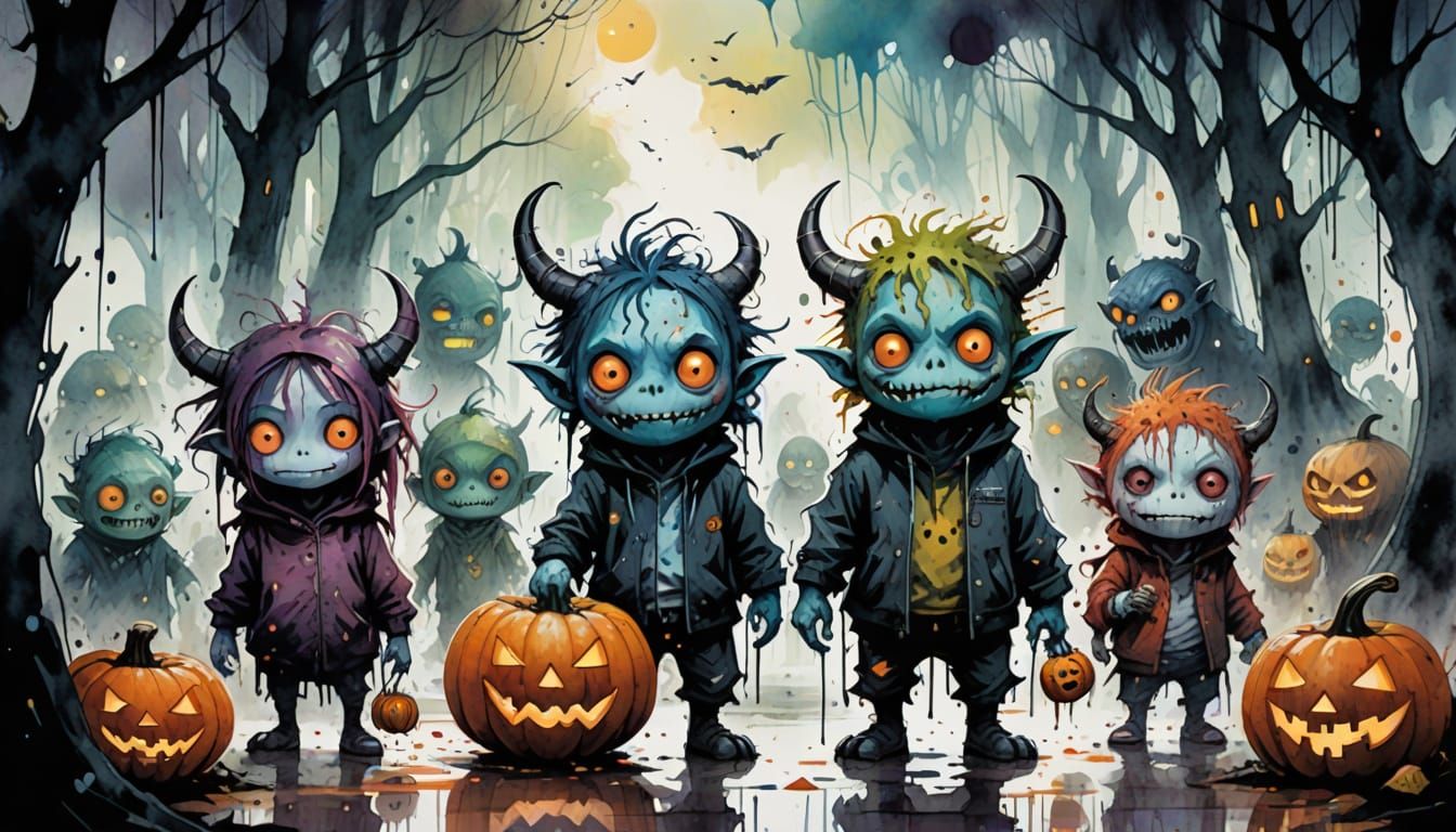 Cute Halloween Monsters in Watercolor Cartoon Style