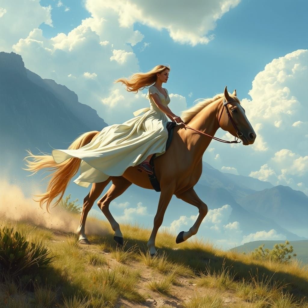 Woman on Horse in Serene Landscape
