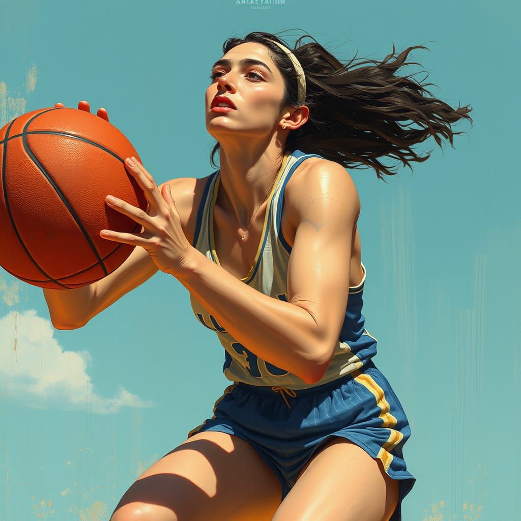 Woman Dribbling Basketball: Detailed Painting