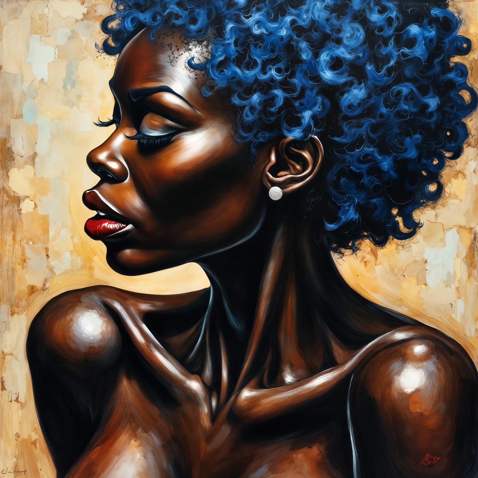 Dark Skinned Woman with Blue Hair and Red Lips