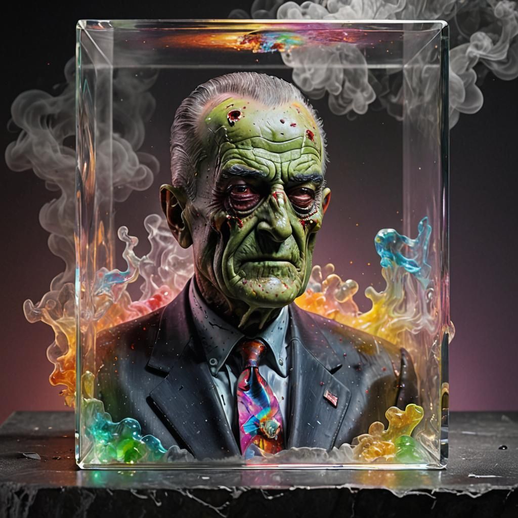 Zombie LBJ in Crystal Cube: Hyperrealistic 3D Rendering