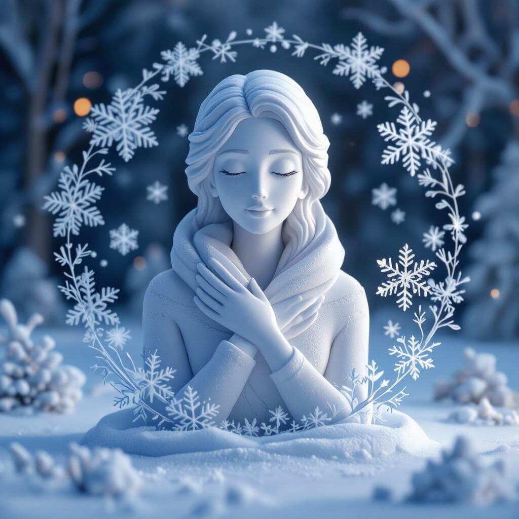 Serene Woman Ice Sculpture in Winter Wonderland