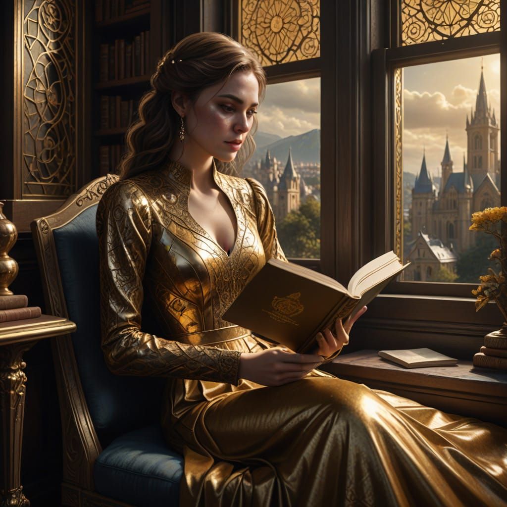 Elegant Woman Reads by the Window in a Golden Age