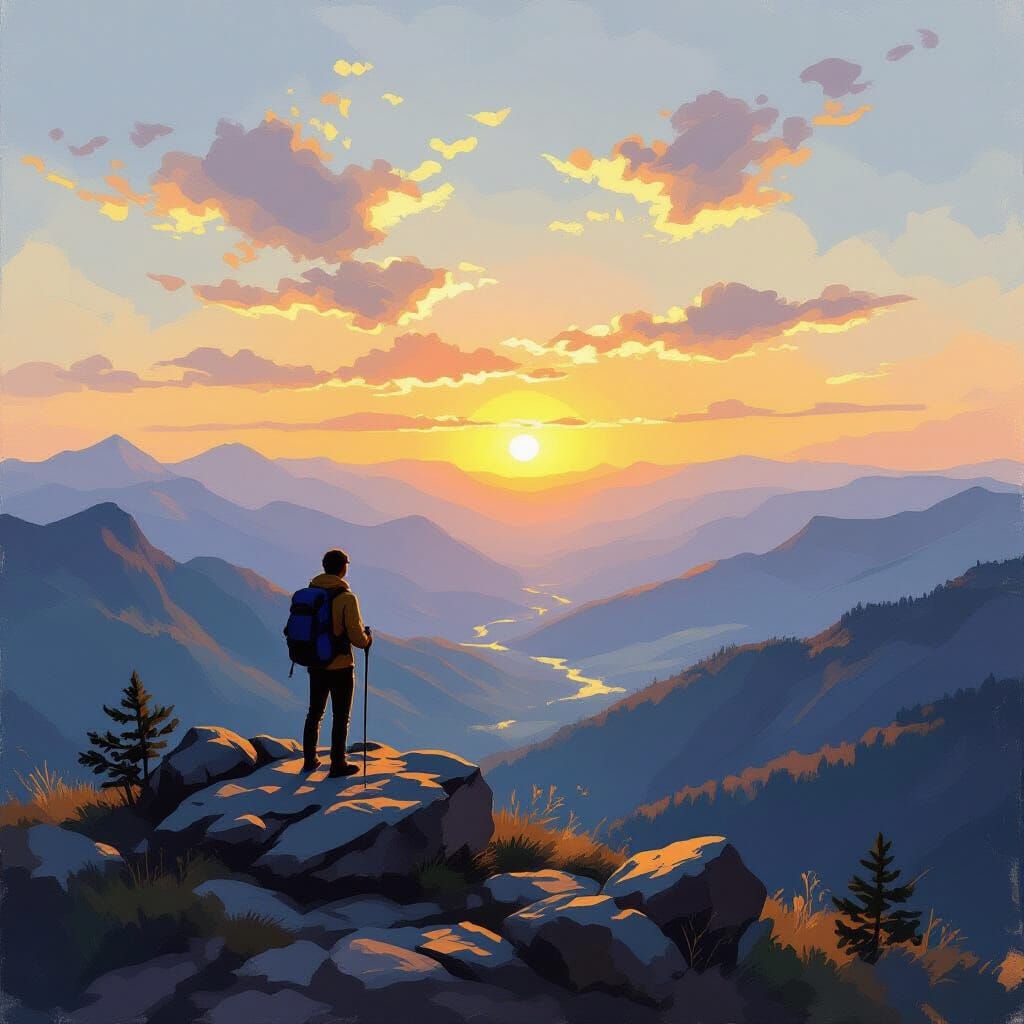 Impressionist Golden Hour Mountain Valley with Hiker