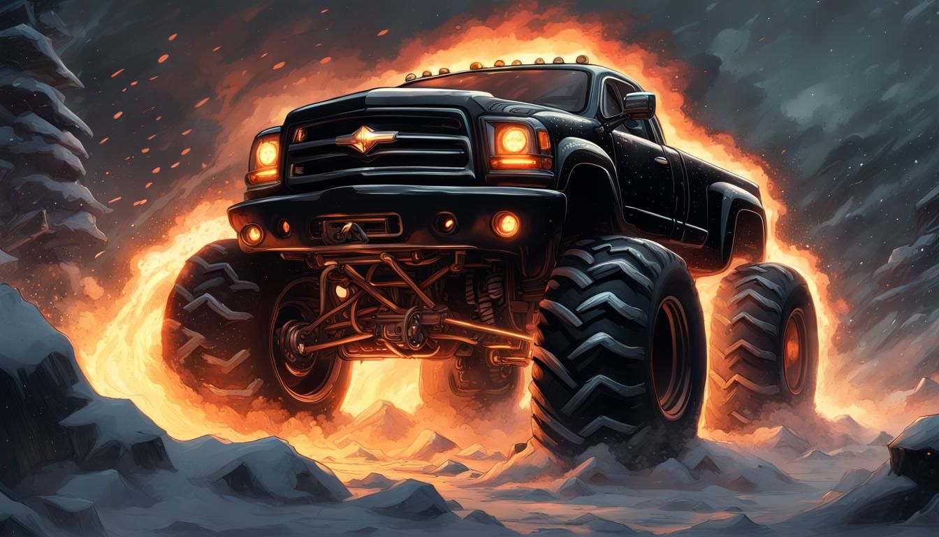 Fiery Monster Truck in Comic Book Style