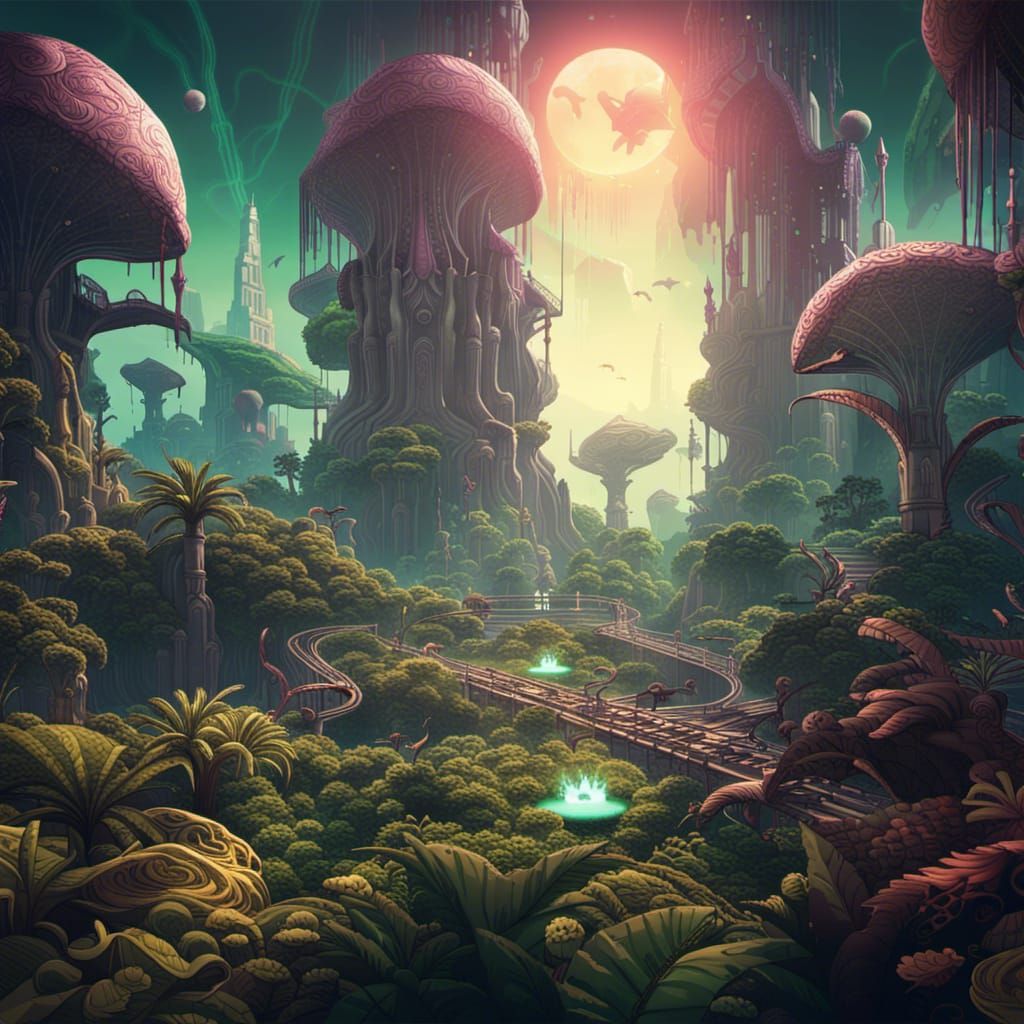 Dystopian Sci-Fi Planet with Alien Jungle, Matte Painting