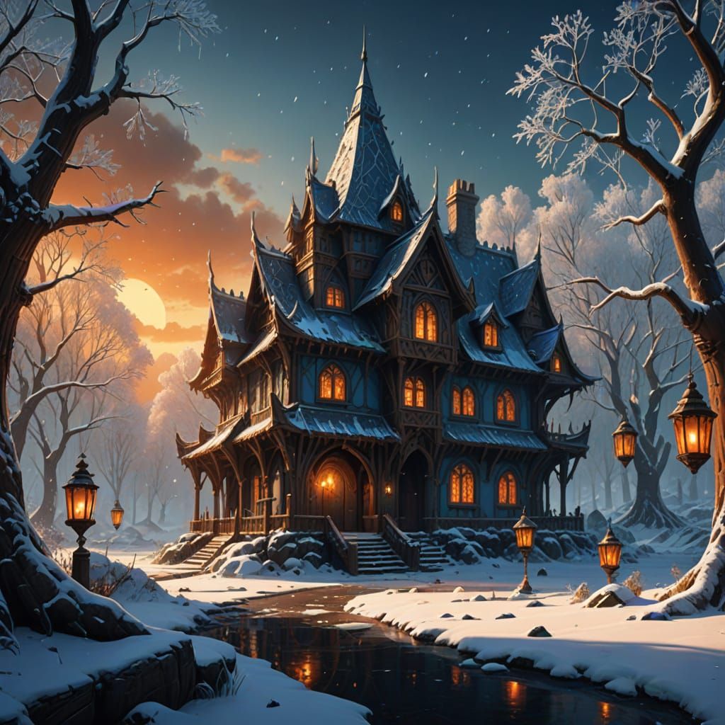 Elvish Winter Stronghold in Snowy Forest, Fantastical Digita...