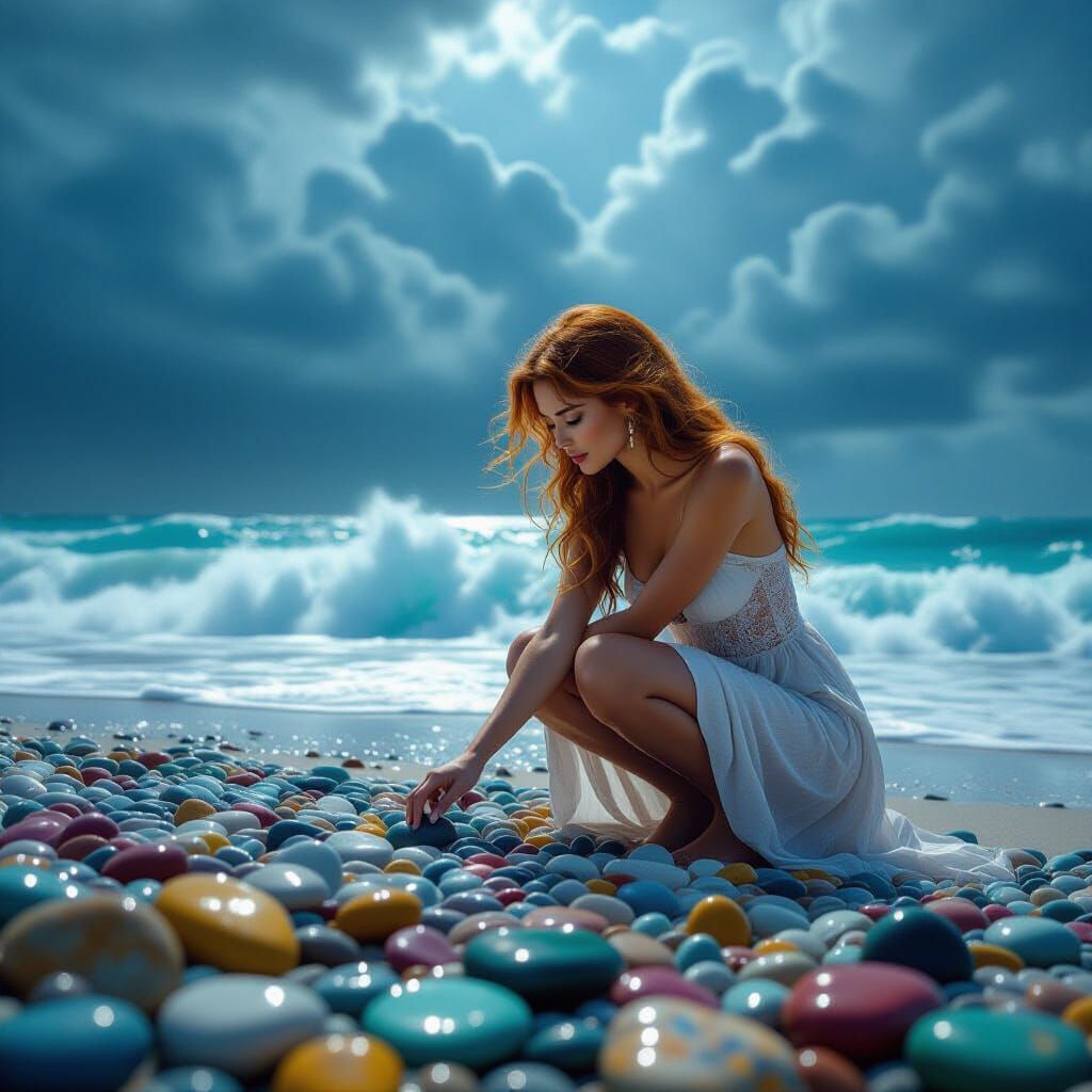 a beautiful woman crouches on a vibrant beach covered in col...