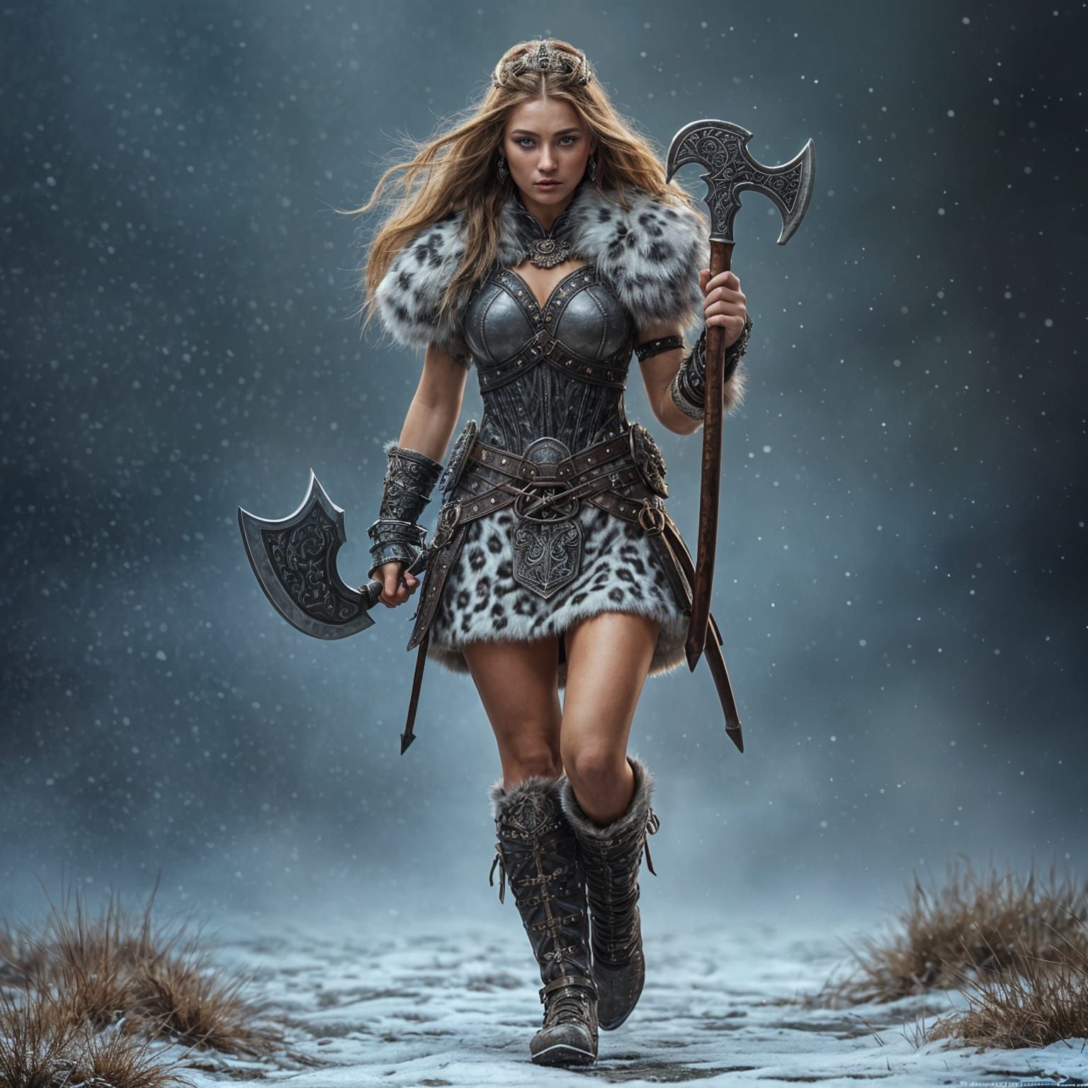 Warrior Queen in Snow Leopard Fur Armor