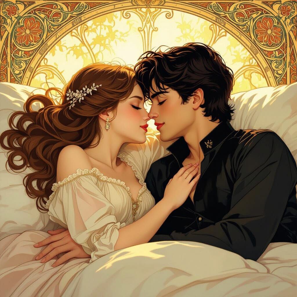 Romantic Kiss in Bed, Art Nouveau Style