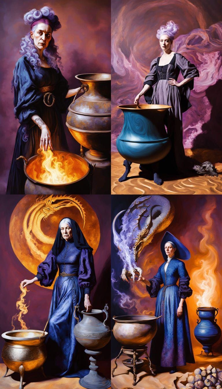 Renaissance Witch With Dragon Foot Illuminating Fractal Caul...