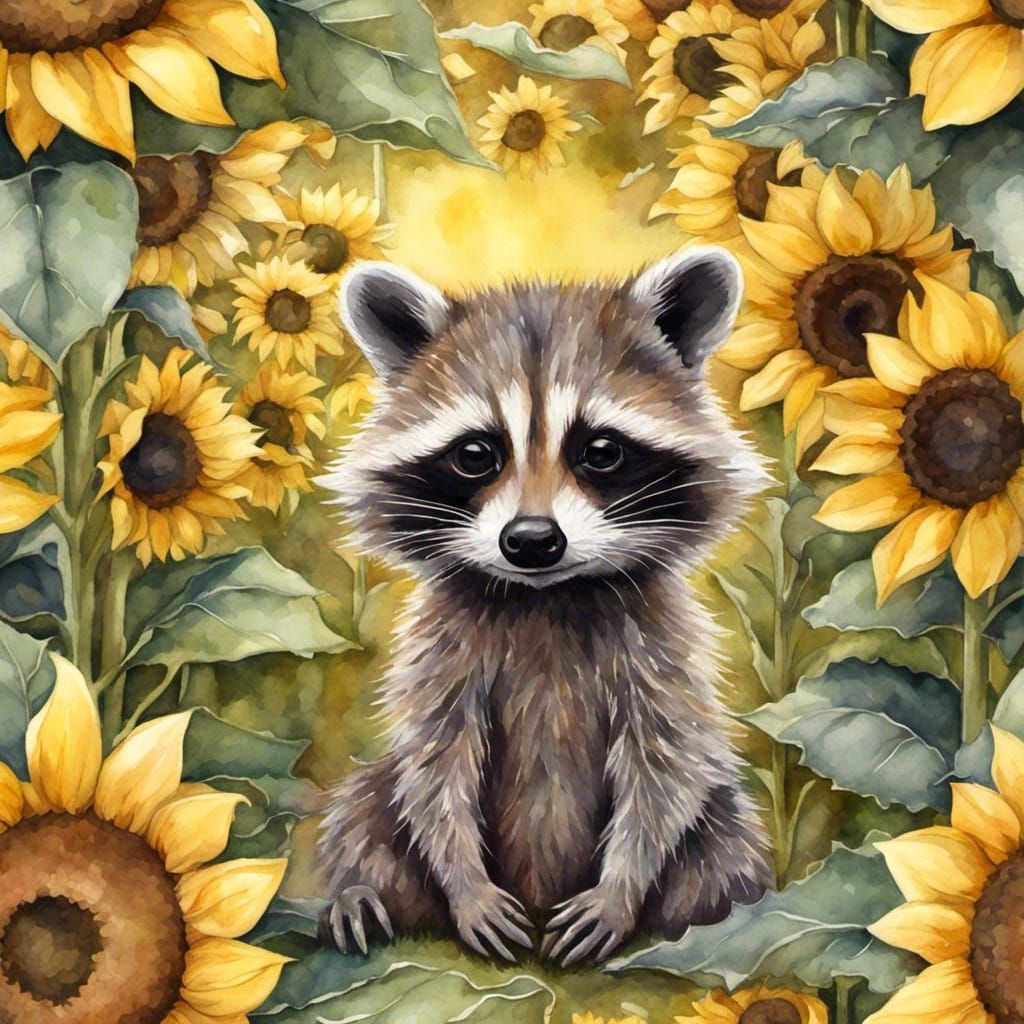 Adorable Raccoon Baby in Sunflower Field, Watercolor