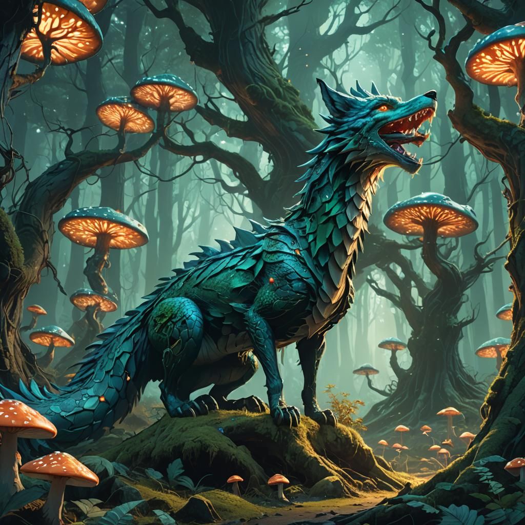 Dragon Fox in Mystical Forest, Matte Painting