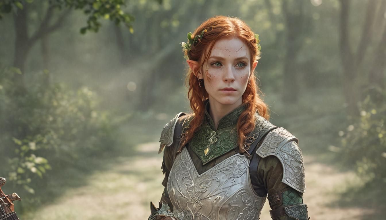 A dnd wood elf female bard with ginger hair and green eye ta...