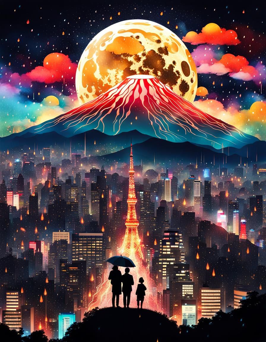 Tokyo Cityscape Under Cosmic Rain in Candy Art Style