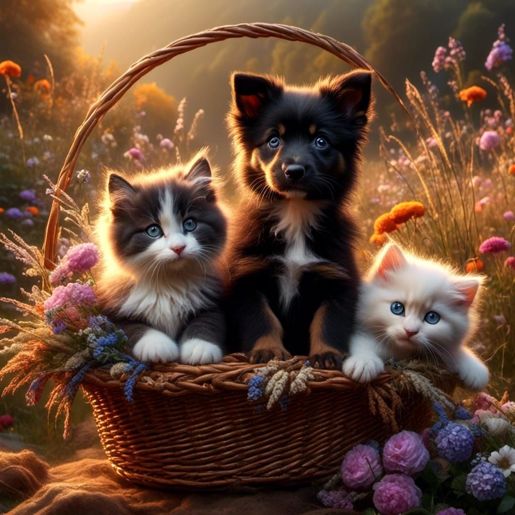 Puppy and Kittens in Basket: Digital Matte Painting