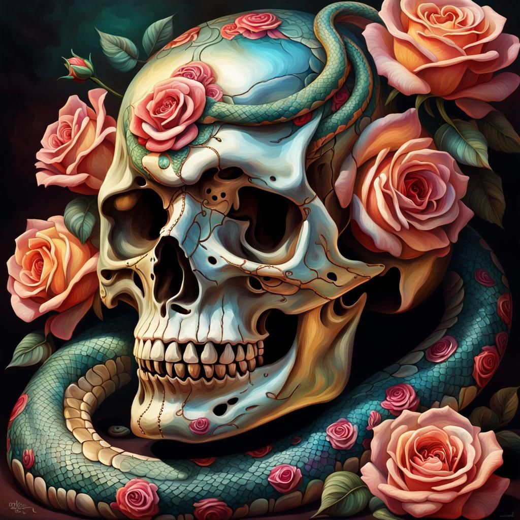 Ornate Mexican Skull with Roses and Serpents