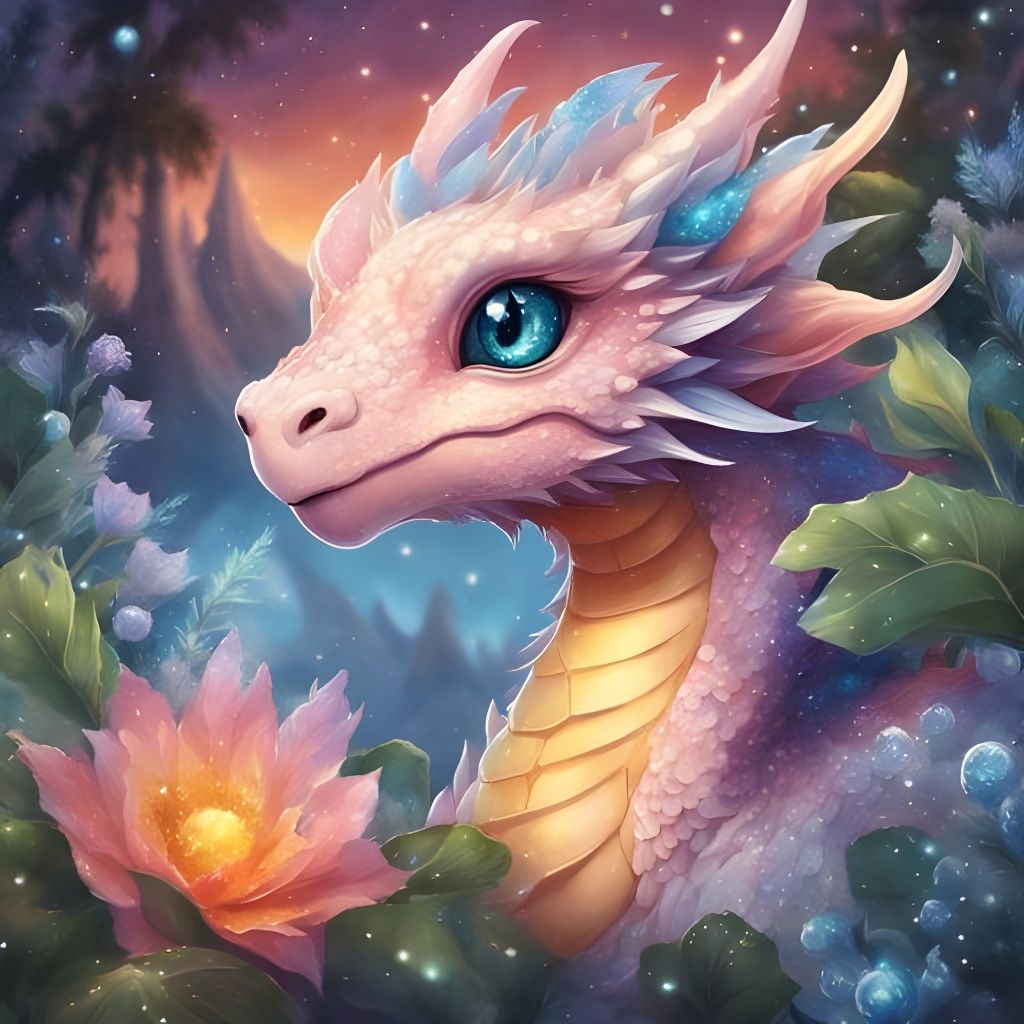 Sunset Ice Dragon Portrait with Magical Plants