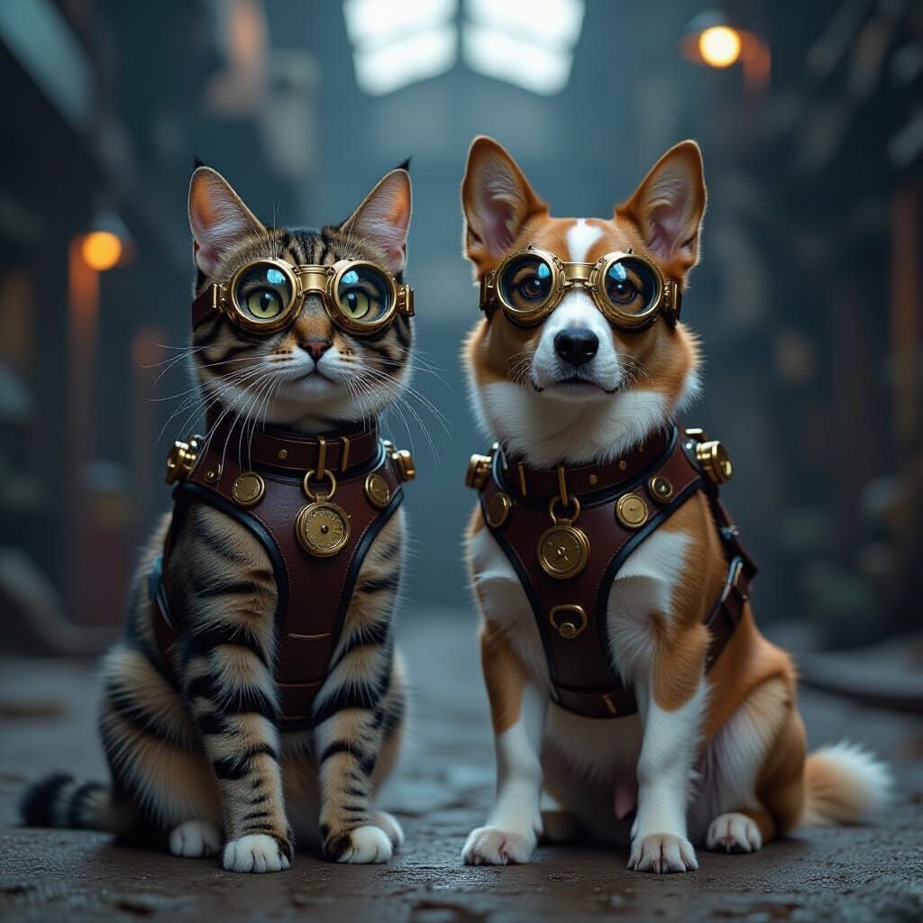 Steampunk Cat and Dog with Brass Goggles