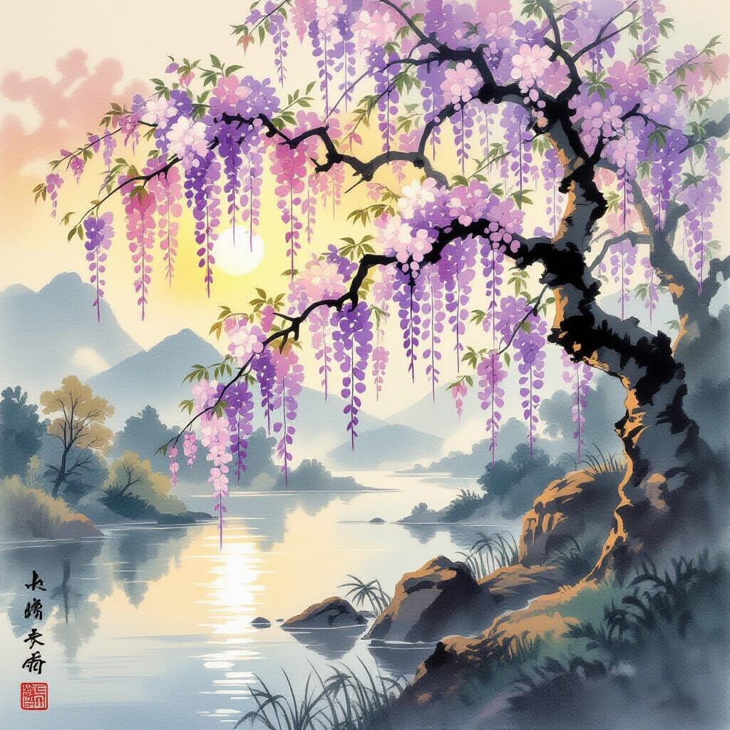 Serene Spring Landscape in Yamato-e Ink Wash Style