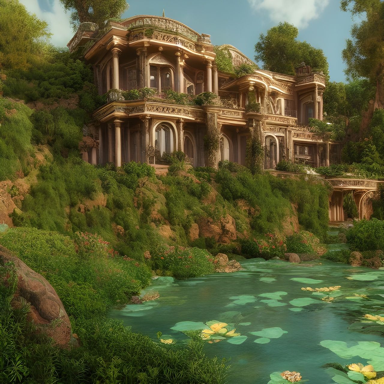 Homes of the world 6 {scrubland ravine with a pond}