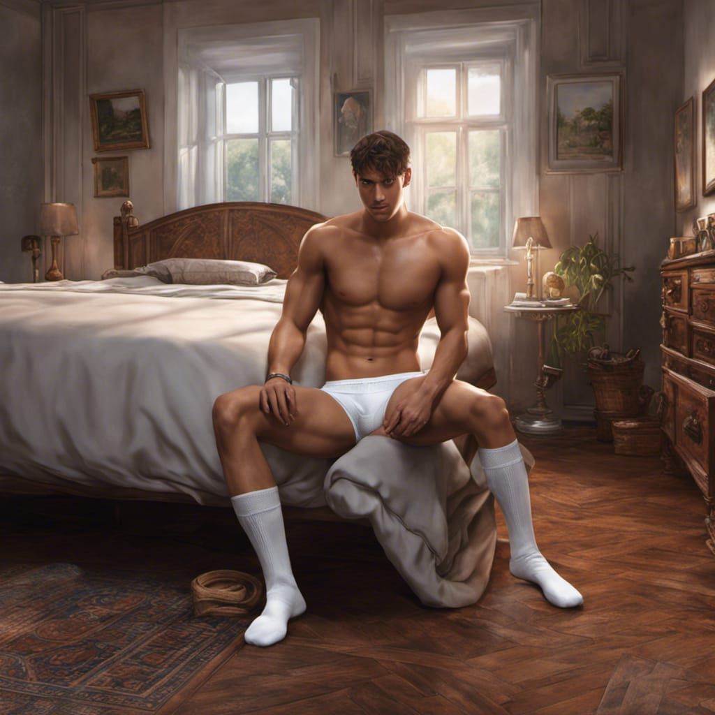 Hyperrealistic View of Shirtless Man in Bedroom