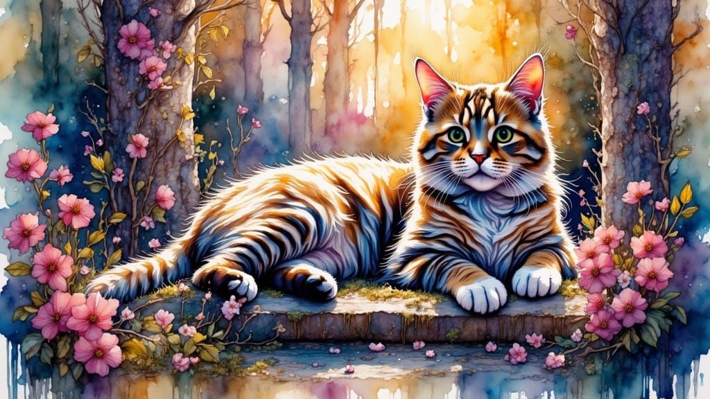 Colorful Cat Lounging: Synthwave Watercolor Art