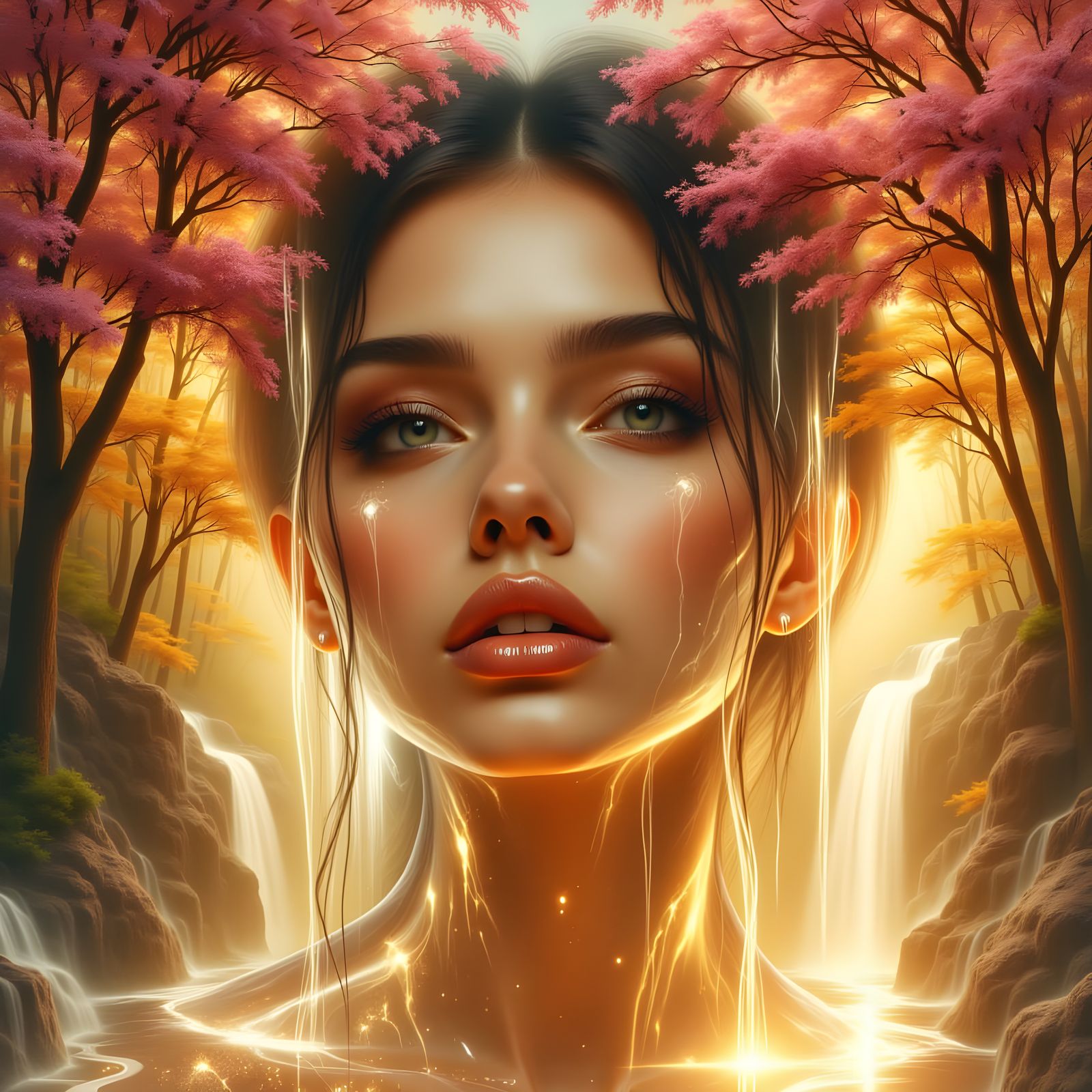 Surreal Water Woman Among Golden Trees
