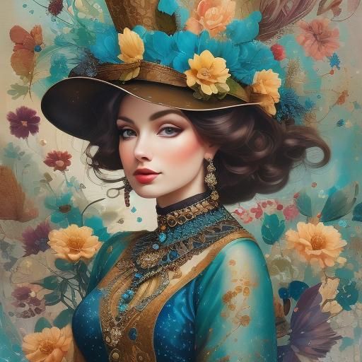 Lady in Ethnic Peacock Dress, Kinetic Pointillism Style