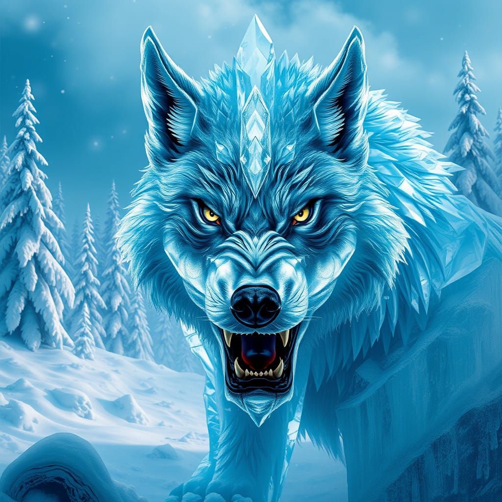 Furious Ice Wolf in Snowy Landscape