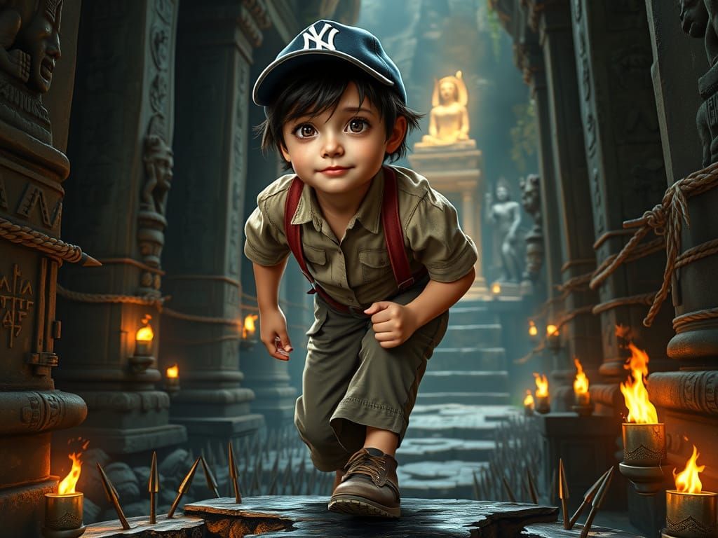 Cinematic Portrait of Adventurous Young Boy in Jungle Temple