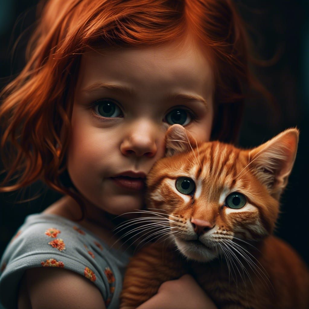 Redhead Girl and Ginger Cat Portrait