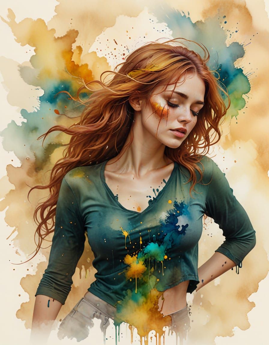 Surreal Watercolour Portrait of a Hazel-Haired Woman in Gold...