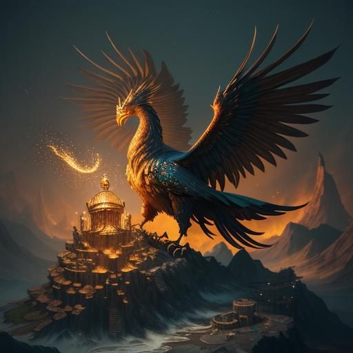 Majestic Golden Phoenix Rising from Ashes