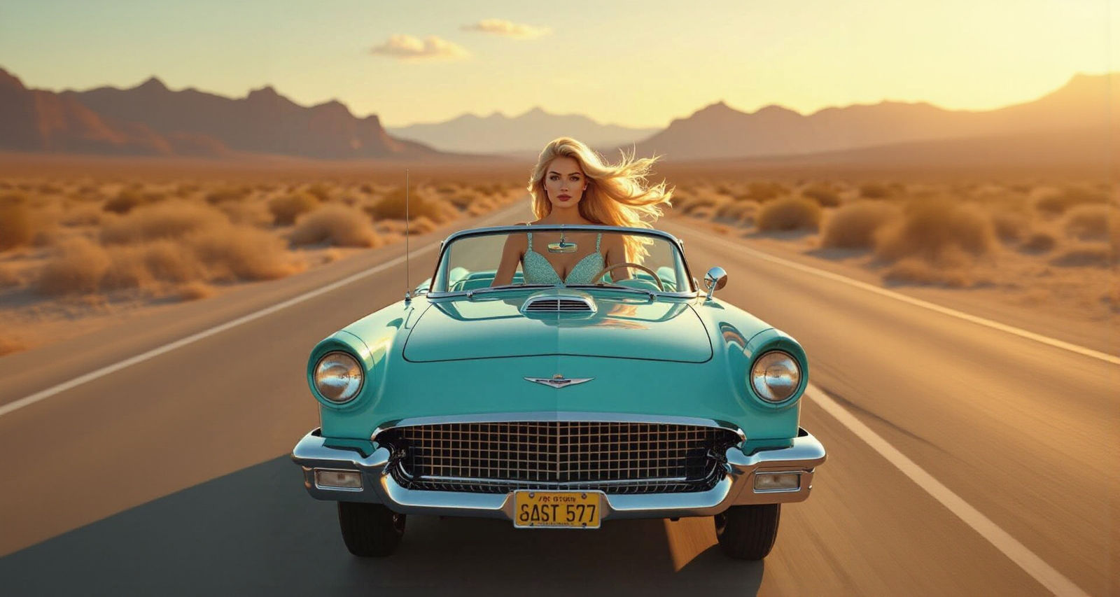 1957 Thunderbird on Desert Highway at Golden Hour