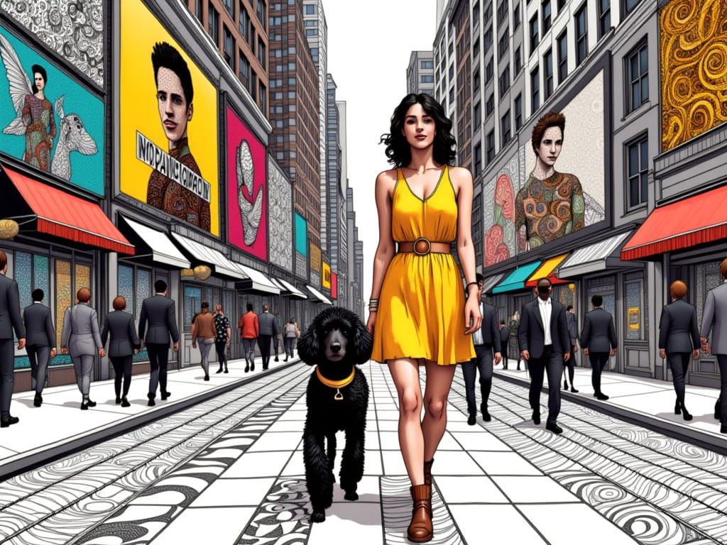 Woman Walking Her Poodle in a Geometric Cityscape