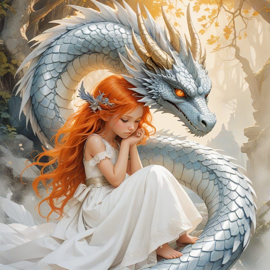Girl with Dragon: Whimsical Watercolor Fantasy Art
