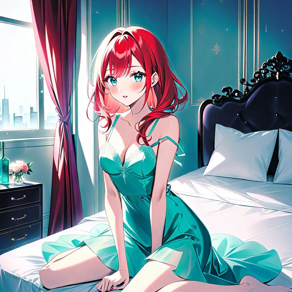 Anime Woman in Silk Dress in Luxury Bedroom