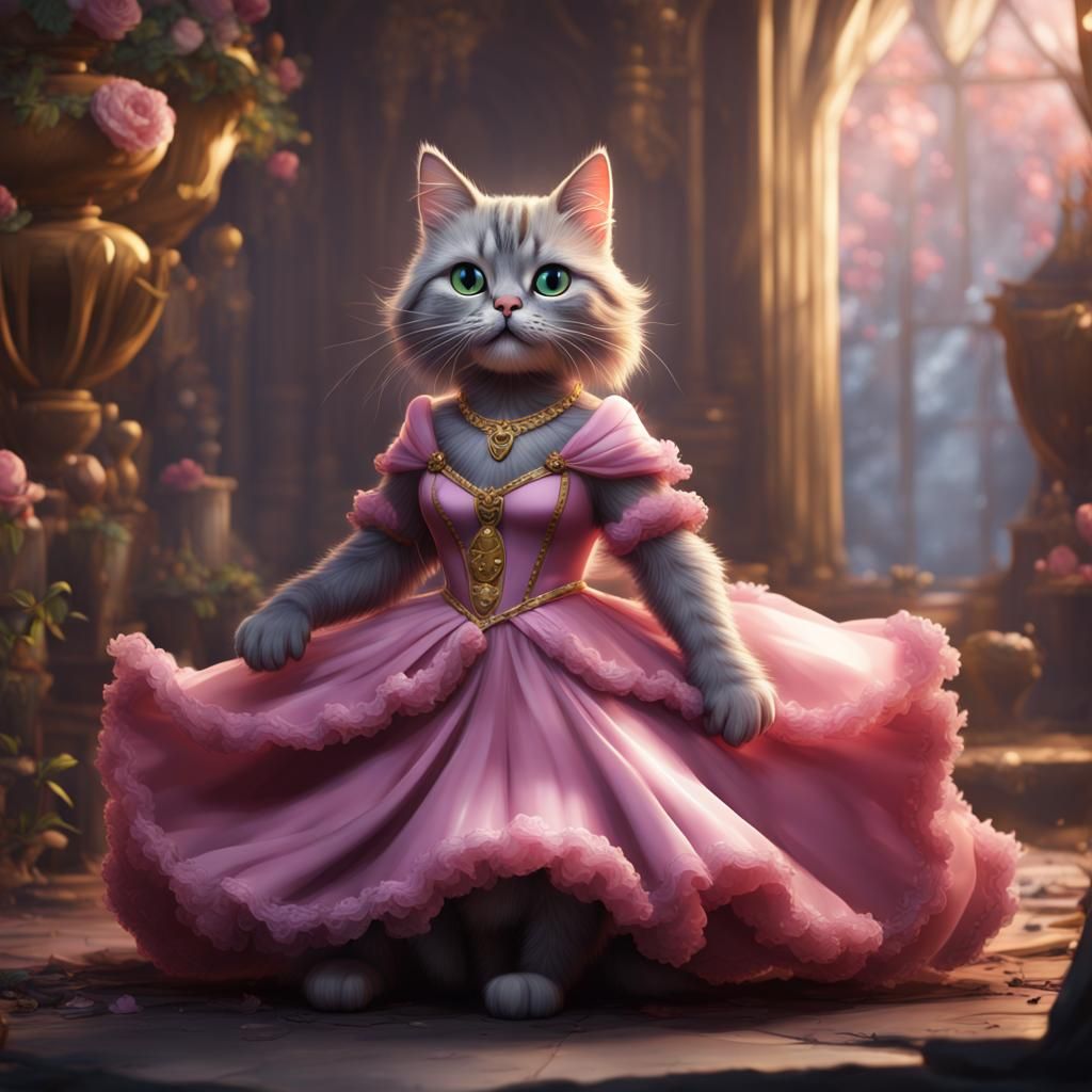 Cartoon Cat in Princess Dress: Fantasy Concept
