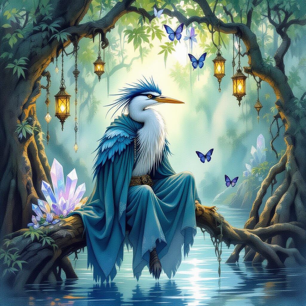 Anthropomorphic Heron in Mystical Mangrove Swamp Watercolor