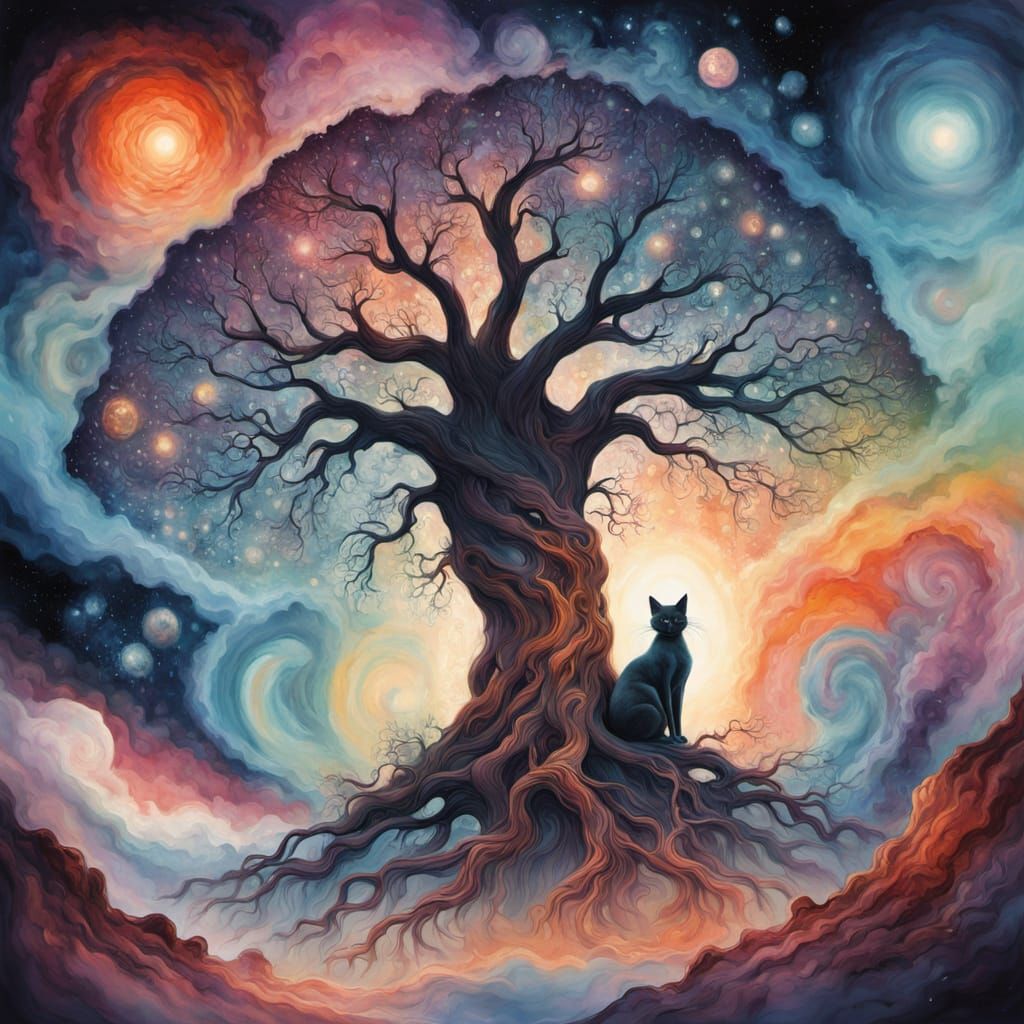 Cosmic Galaxy Tree Tended by Light Cats