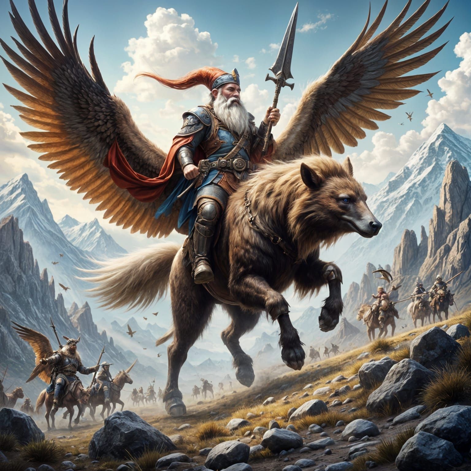 Gnome Officer Leads Centaur-Bear-Eagle War Beast into Mounta...